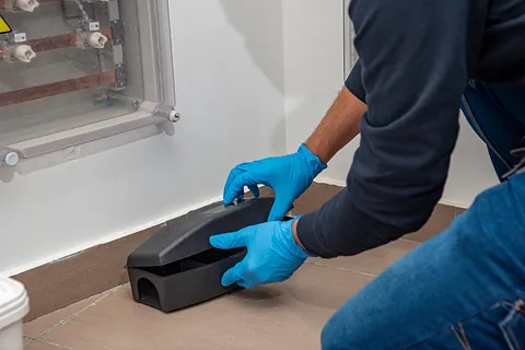 Ein Mann mit Einmal-Handschuhen bereitet eine Giftbox vor, um Mäuse in Koblenz zu vertreiben.